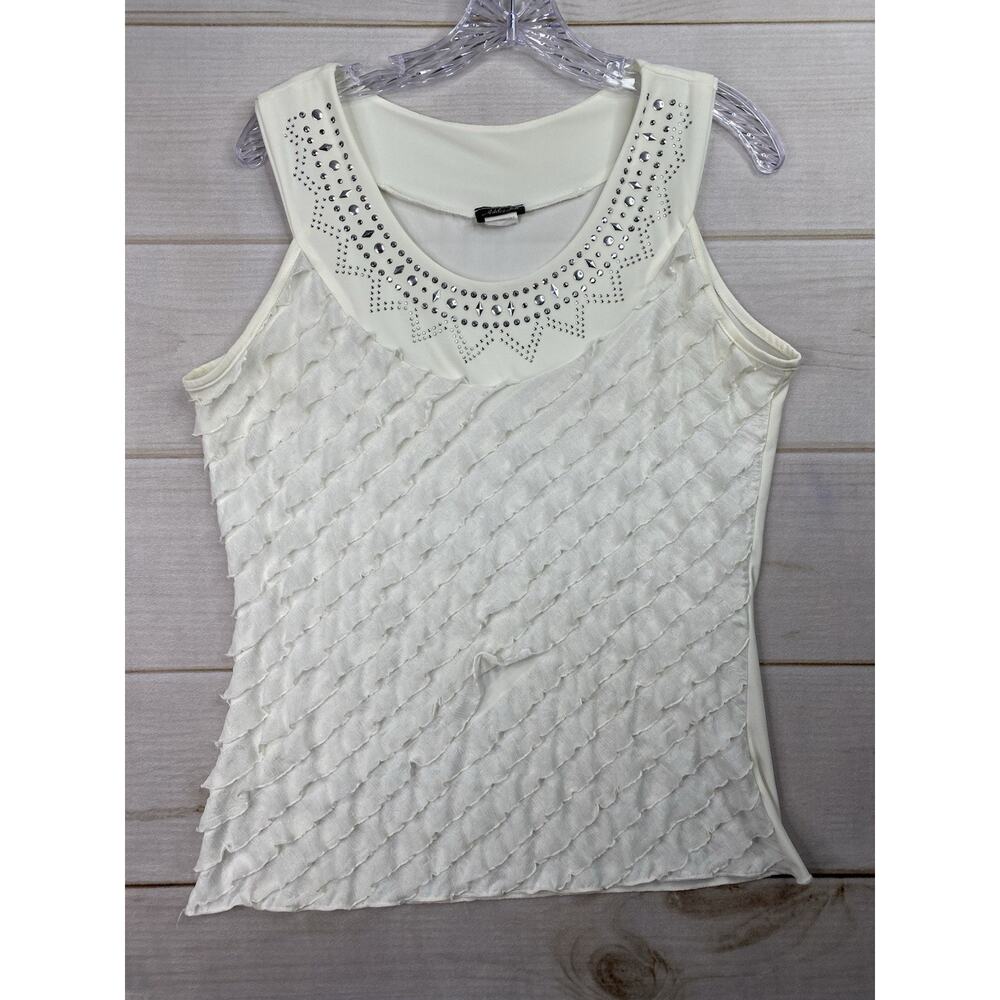 Ashley Jill Tank TOp Womens L White Ruffled Studded Scoop Neck Stretch Boho